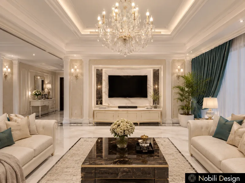 Classic living room with ivory tufted sofas, marble TV wall, dark marble coffee table and chandelier