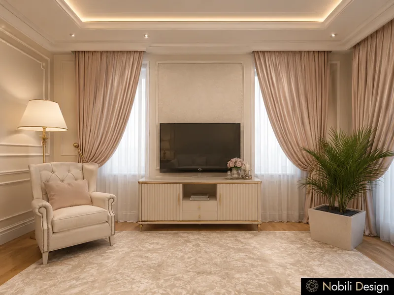 Master bedroom sitting corner with tufted ivory armchair, blush curtains and ivory TV cabinet