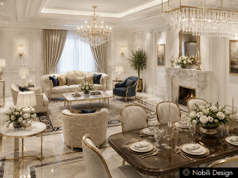 Open-plan classic sitting and dining room with marble fireplace, ivory armchairs and crystal chandeliers