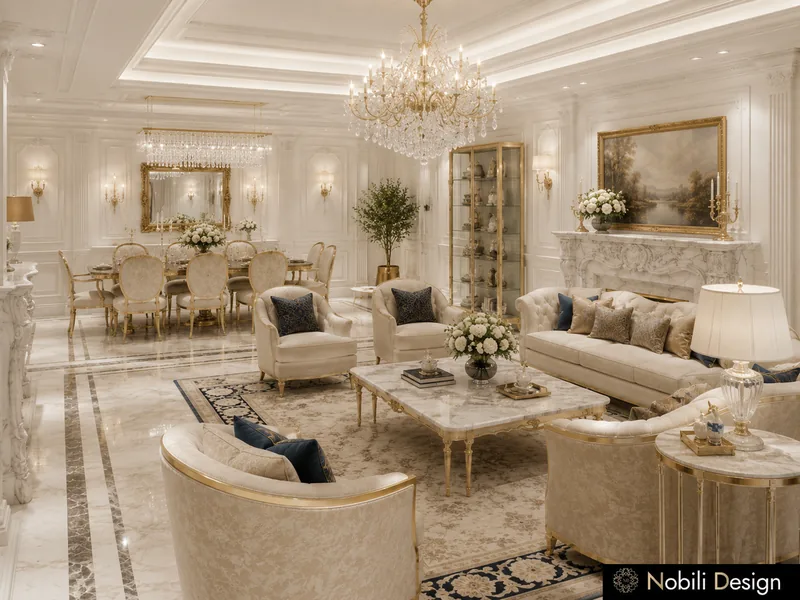 Classic sitting area with ivory armchairs, marble coffee table and a gold dining set beyond