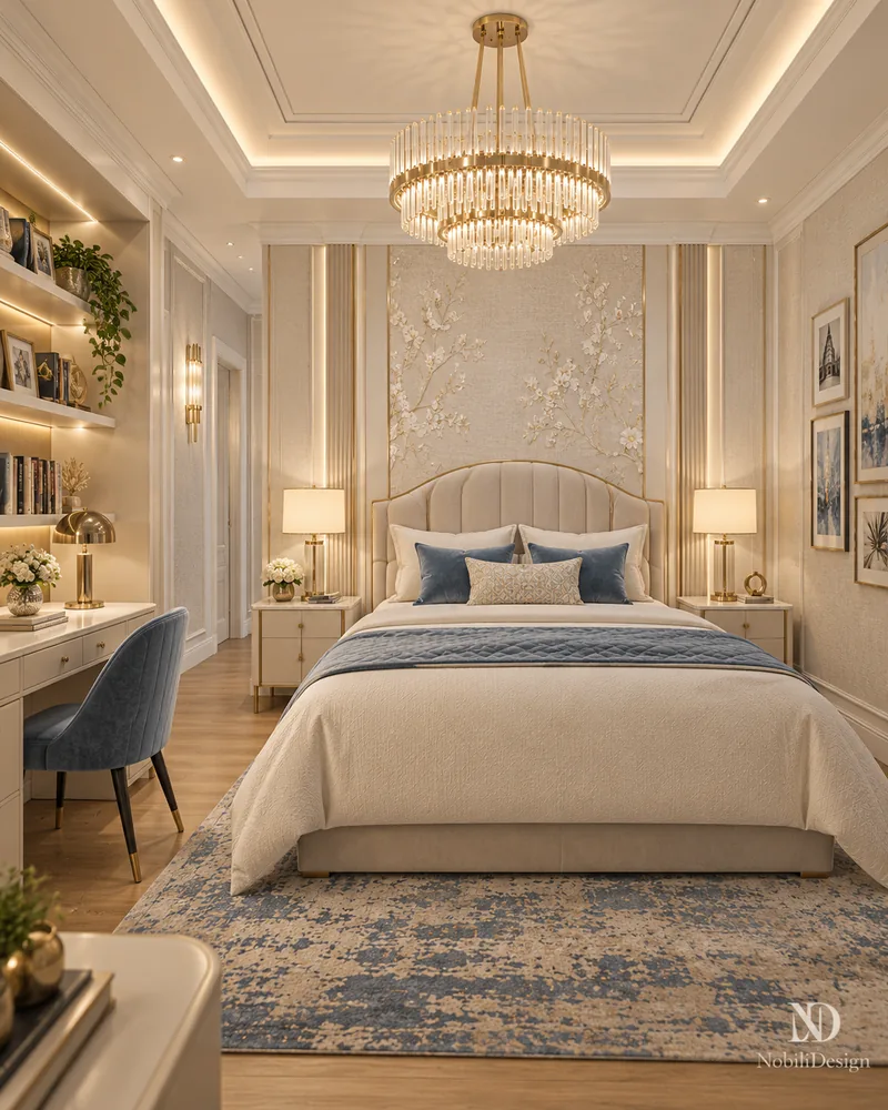 Child's bedroom with channel-tufted headboard, blossom wall panel, gold table lamps, desk and lit shelving
