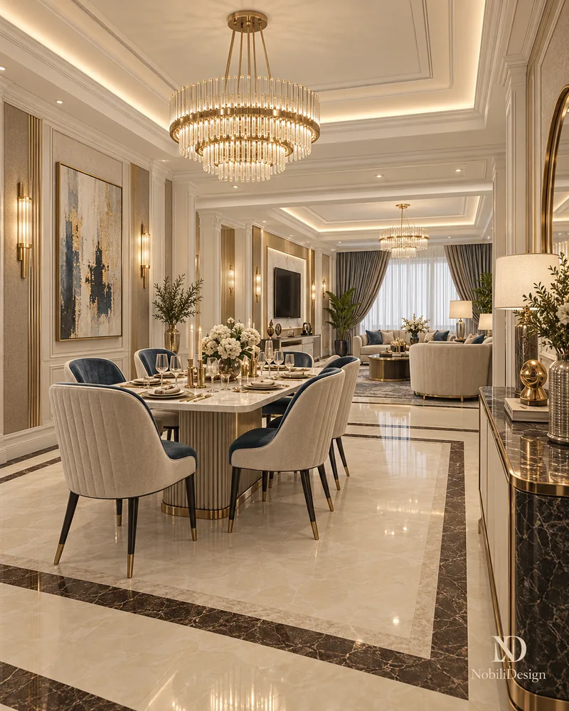 Living room facing a backlit marble TV wall with fluted brass panels, luxury interior design by Nobili Design