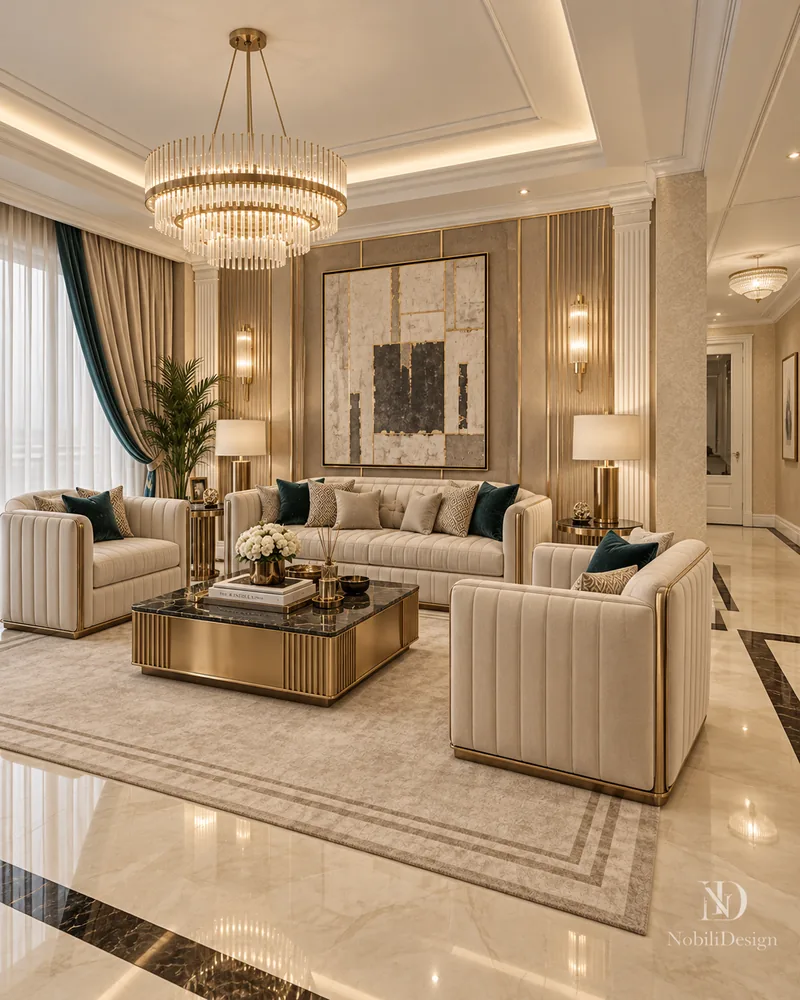 Living room with channel-tufted sofa and armchairs, large abstract art, brass sconces and teal curtains