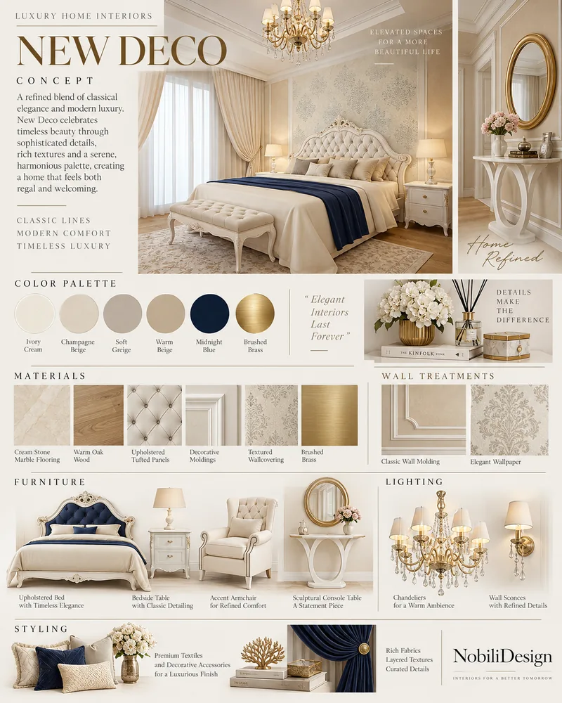 Bedroom concept board with ivory and navy palette, tufted bed, mouldings, wallpaper and brass samples