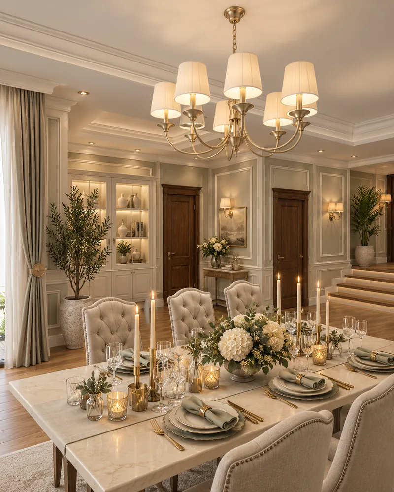 Formal dining room with marble-top table, candlelit table setting, tufted chairs and a lit glass display cabinet