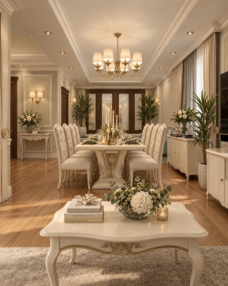Formal dining room seen across a carved ivory coffee table: long table, tufted chairs and brass chandelier
