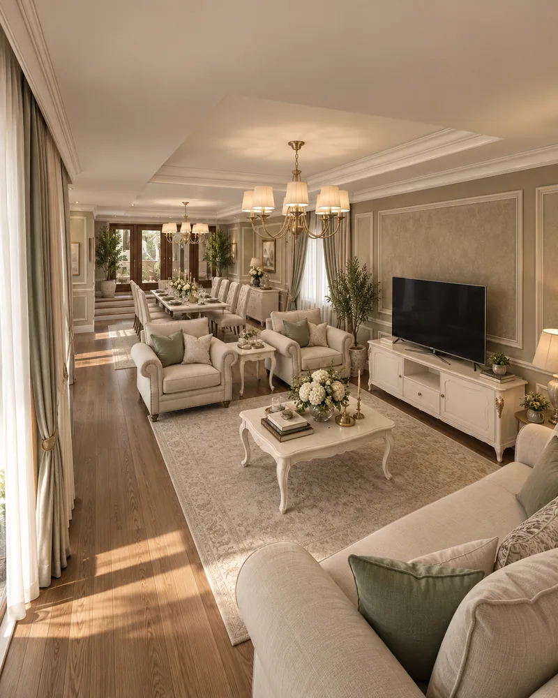 Formal living room with a linen sofa and carved ivory coffee table, exclusive interiors in a classic language