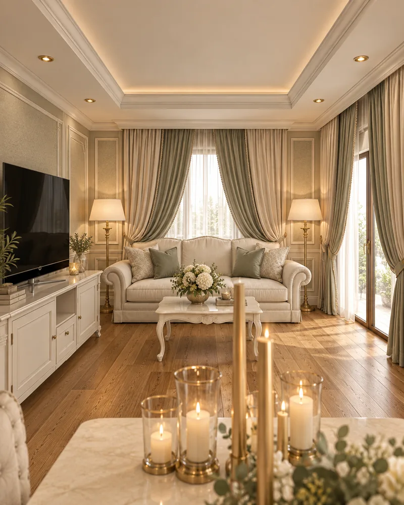 Formal living room seen from the dining table: rolled-arm sofa, carved coffee table, brass floor lamps and TV console