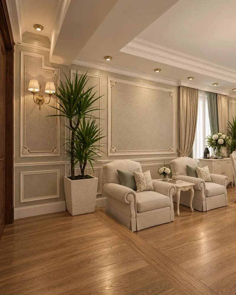 Formal living room seating corner with two skirted linen armchairs, carved side table and potted dracaena