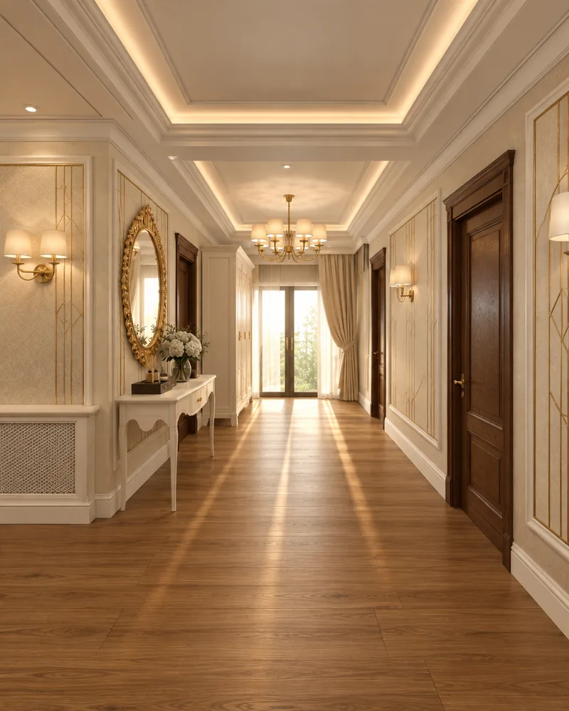 Ground-floor hall with walnut doors, gilded oval mirror over a white console and gold-lined wall panels
