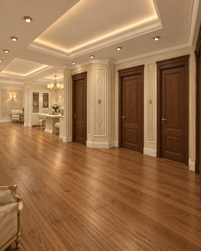 Ground-floor hall with a row of walnut panelled doors, gold-inlaid pilasters and coffered ceiling with cove light