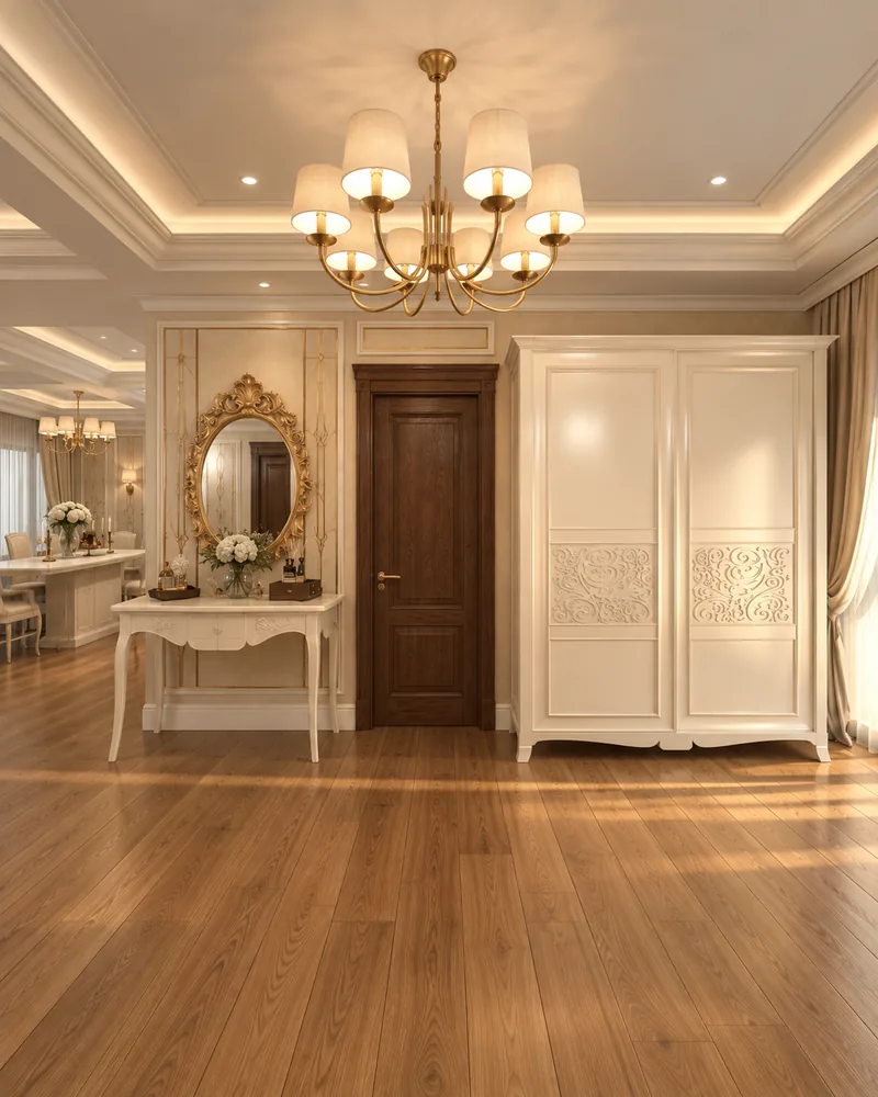 Ground-floor hall with carved ivory wardrobe, white console beneath a gilded oval mirror and a walnut door