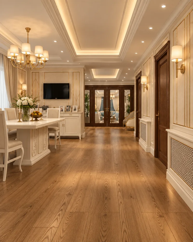 Ground-floor hall leading to glazed walnut doors, beside a pedestal dining table, wall TV and gold-lined panels