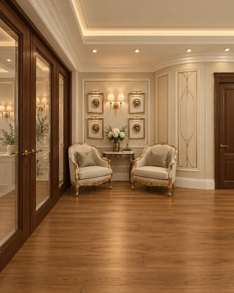 Hall seating nook with two gilded armchairs, a carved console and four brass medallion wall frames