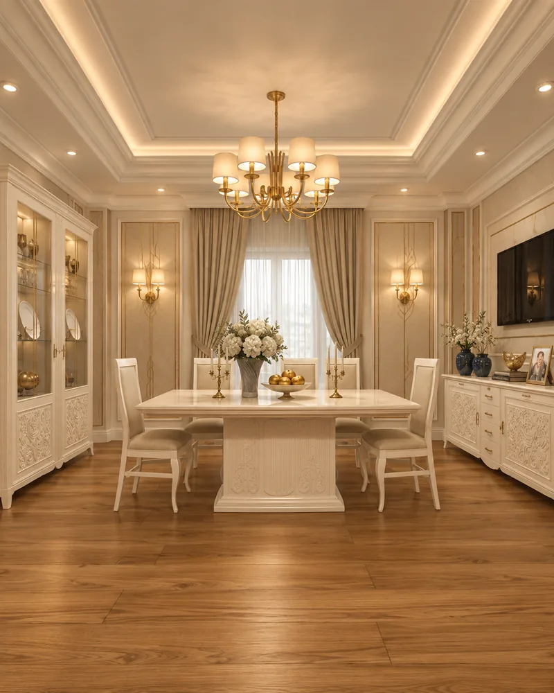 Second dining room with a carved ivory pedestal table and glass display cabinet, designer furniture for dining