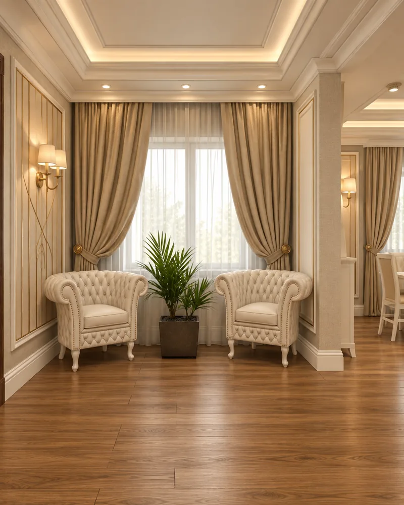Dining room window corner with two tufted ivory club armchairs, a potted palm and beige pleated curtains