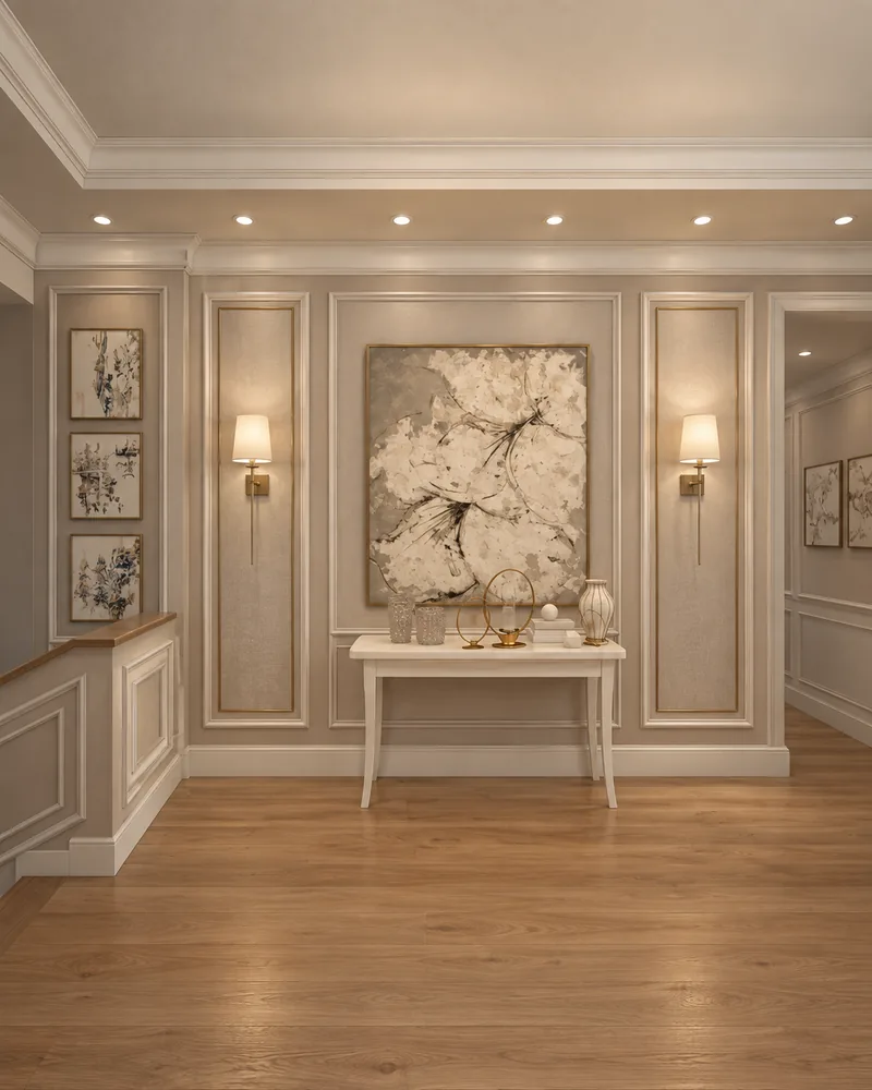 Upper landing with white console, large floral canvas, linen wall panels with brass sconces and stair balustrade
