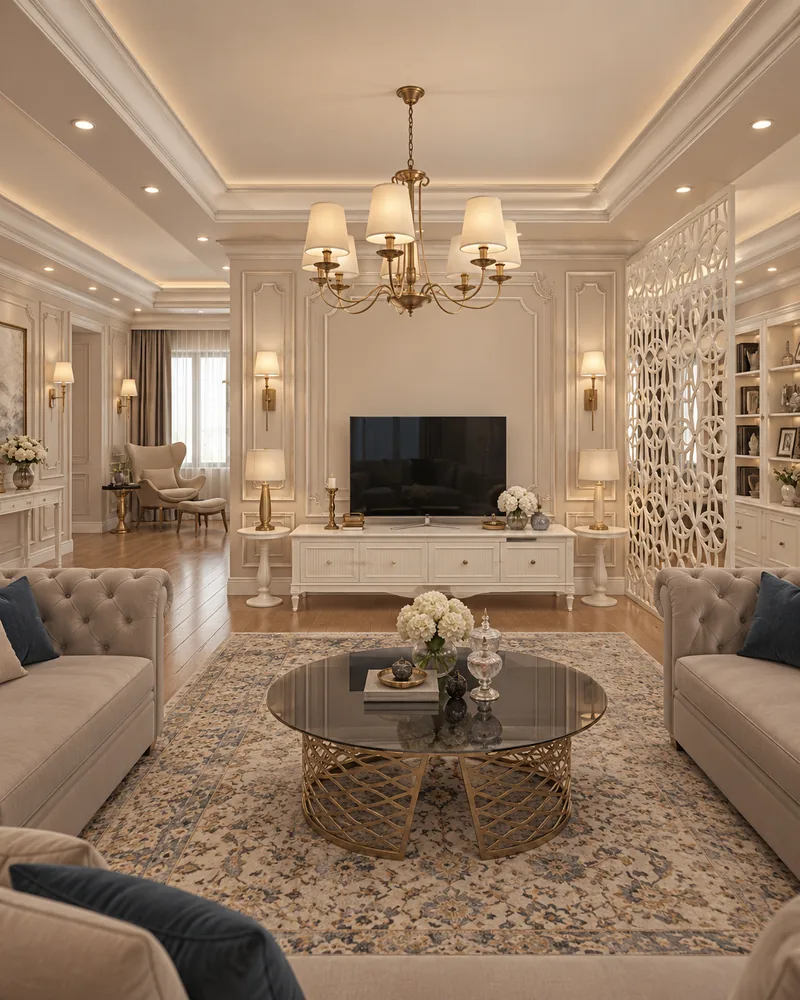 Upper living room facing a white TV console, with fretwork screen, built-in shelves and an armchair reading corner