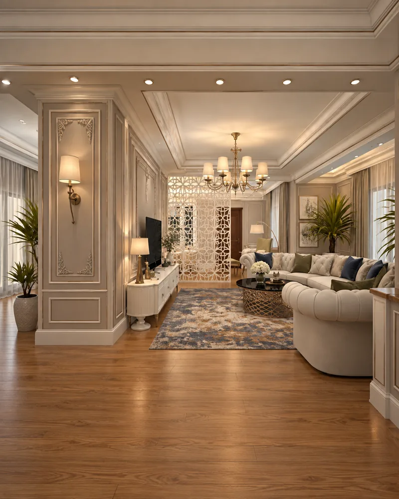 Upper living room with white fretwork screen, curved tufted sofa, white TV console and panelled pilasters with sconces