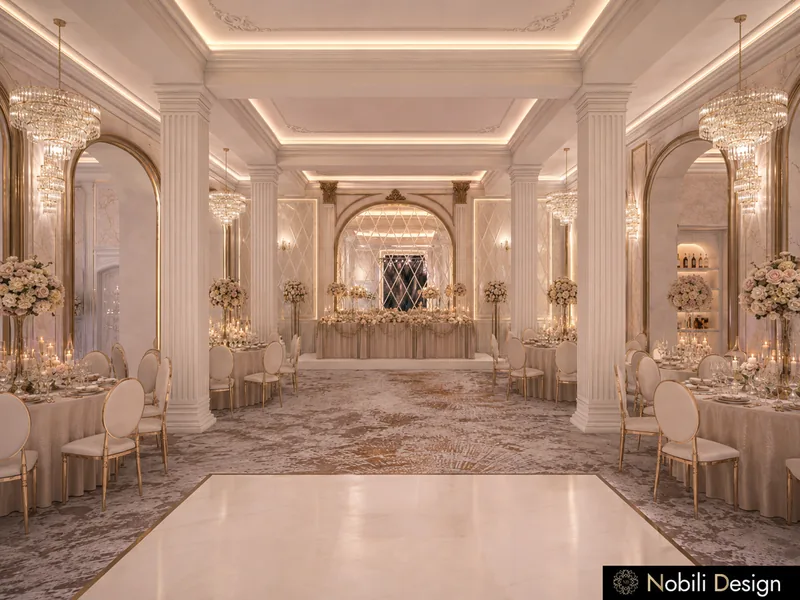 Wedding venue interior design with fluted white columns, gold arched mirrors and a lit marble dance floor