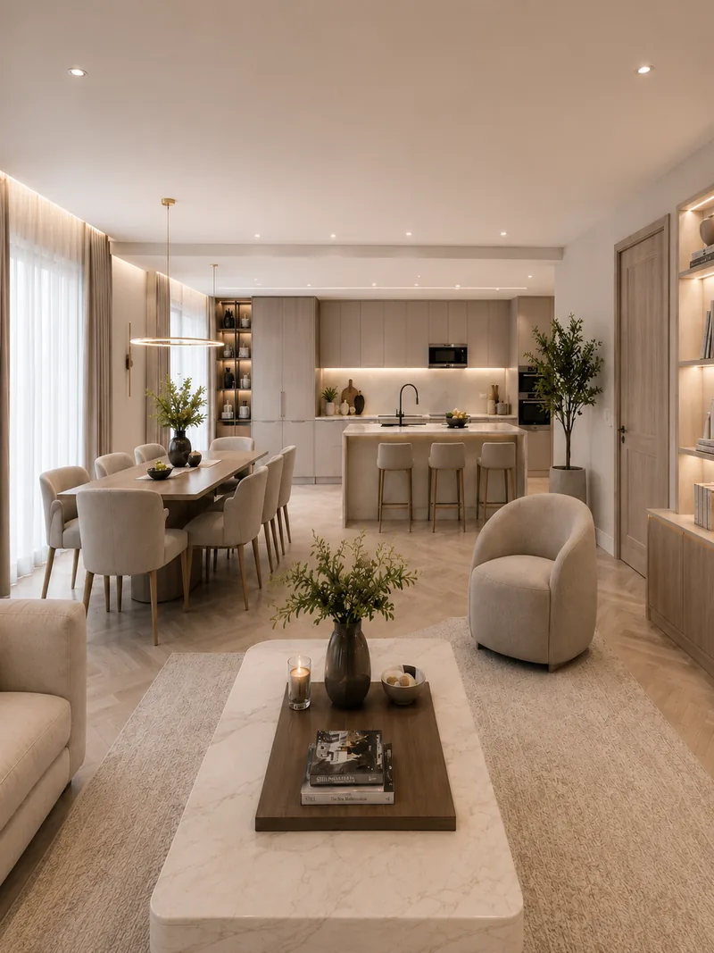 Contemporary dining area with oak table for eight, ring pendant, marble coffee table and kitchen island
