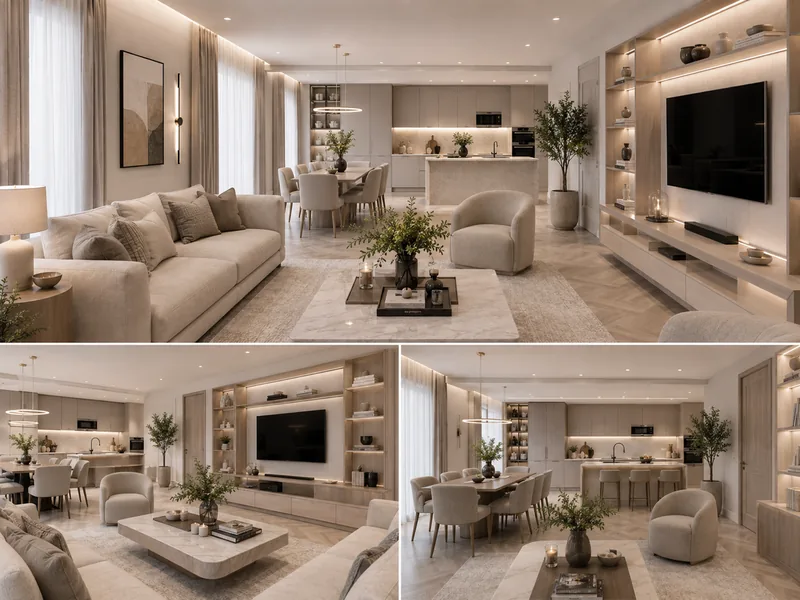 Open-plan contemporary apartment with cream sofa, curved armchairs, dining table and kitchen island
