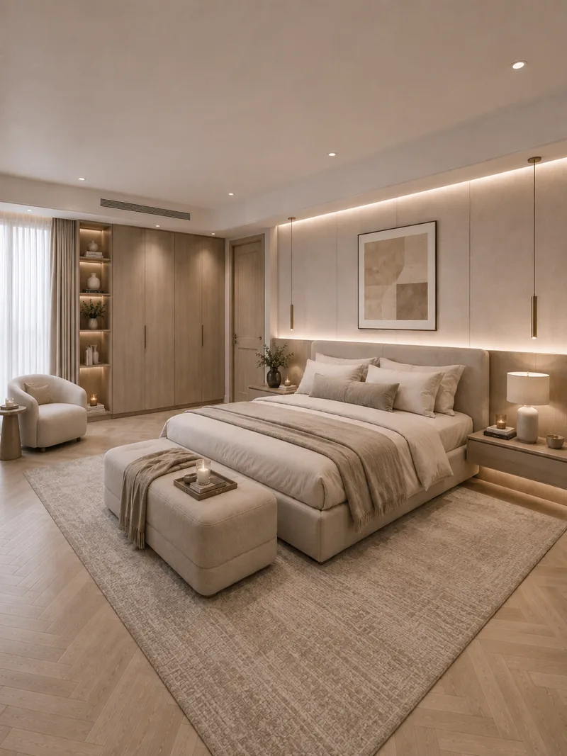 Contemporary master bedroom with sand upholstered bed, bench, lit headboard wall and oak wardrobes