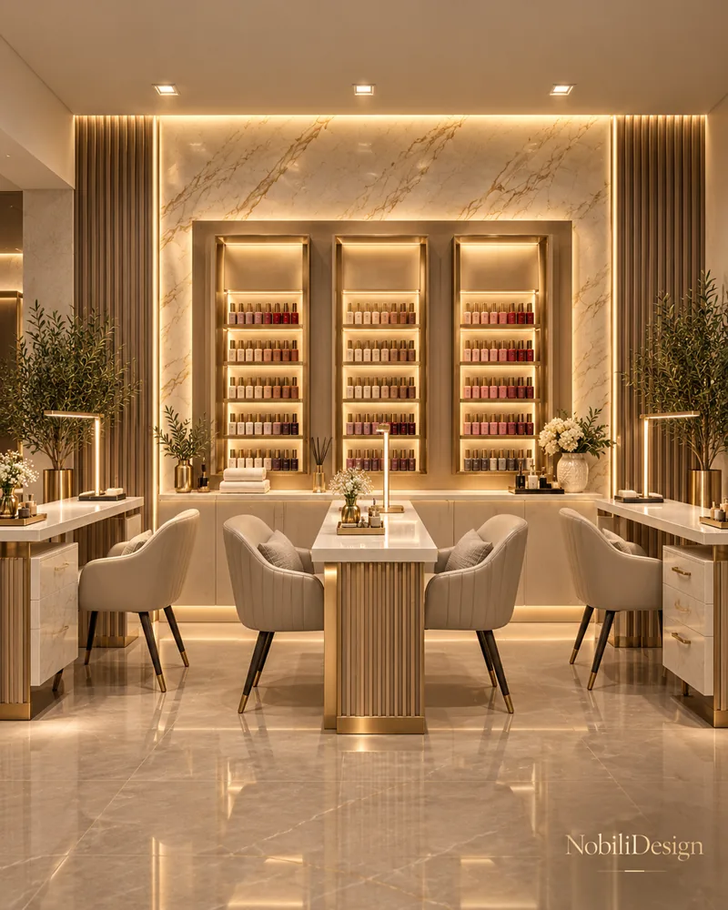 Manicure area with central fluted table for two, beige tub chairs, backlit nail polish niches and gold-veined marble wall