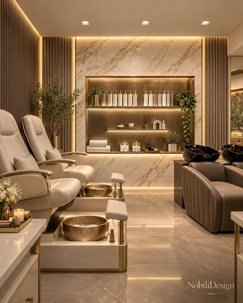 Pedicure area with cream spa chairs, hammered gold foot basins, lit marble wall niche and taupe shampoo chairs