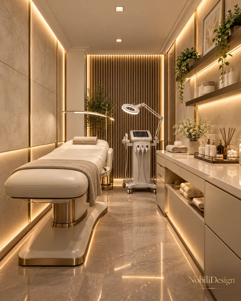 Facial treatment room with cream treatment bed, aesthetic device, magnifying lamp and LED-lined stone wall panels