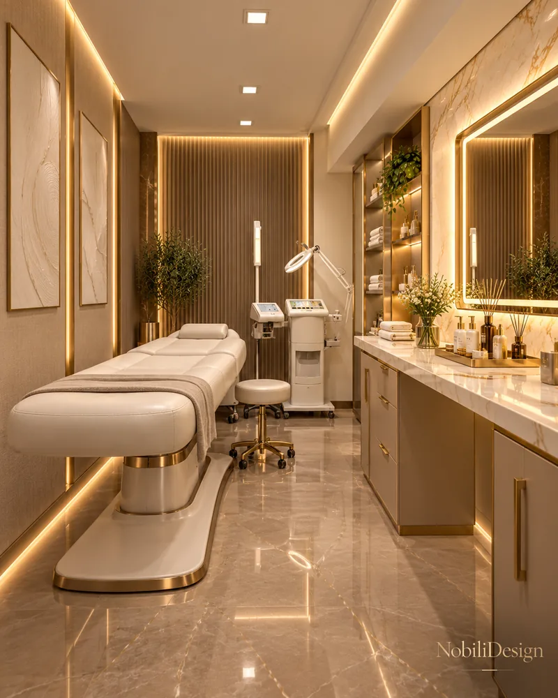 Treatment room with cream treatment bed, gold therapist stool, skincare device, framed textured art and a lit vanity