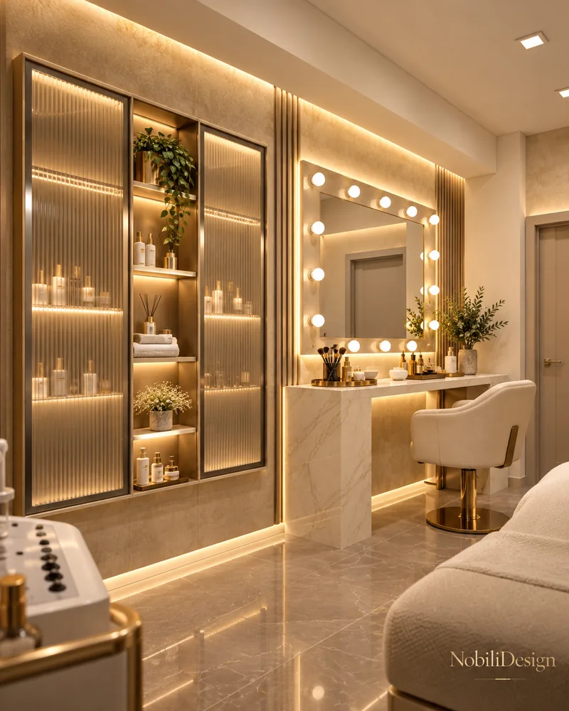 Makeup station with bulb-framed mirror, marble vanity, cream swivel chair and fluted glass display cabinets