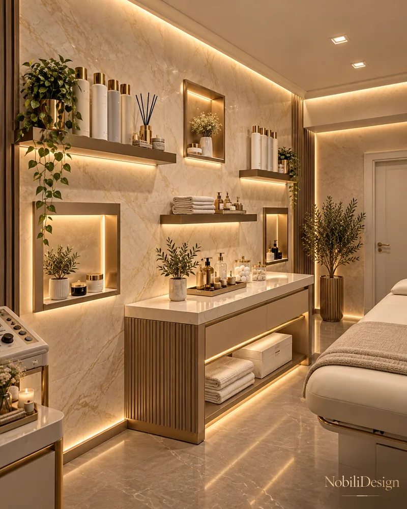 Treatment room wall with gold-veined marble cladding, lit niches, floating shelves and a fluted wood storage console