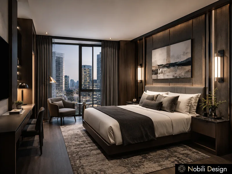 Chambre d'hôtel contemporaine avec mur de tête de lit foncé, fines appliques, bureau et vue sur la ville