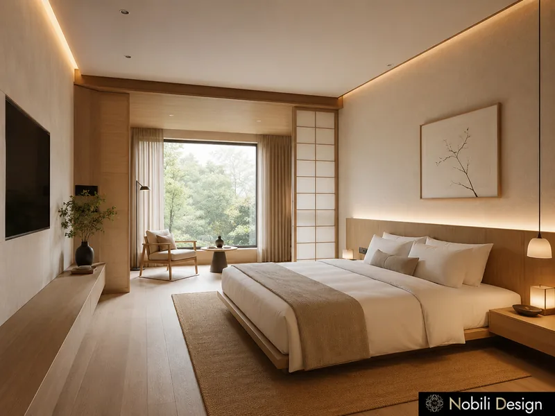 Chambre d'hôtel avec lit bas en chêne, écran coulissant, fauteuil de lecture et large fenêtre sur le jardin