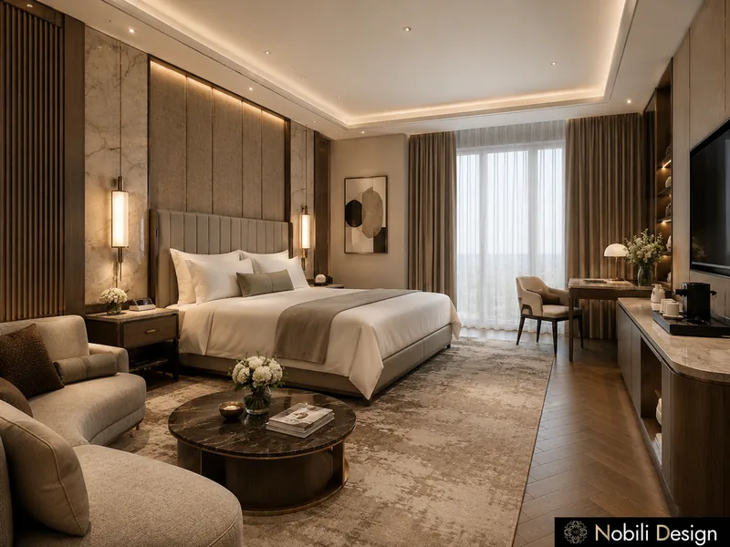Design de chambre d'hôtel contemporaine : junior suite avec mur de tête de lit rembourré et salon