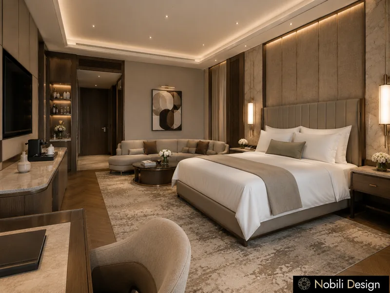 Junior suite d'hôtel avec comptoir minibar en marbre, canapé de salon et lit face à une niche bar éclairée