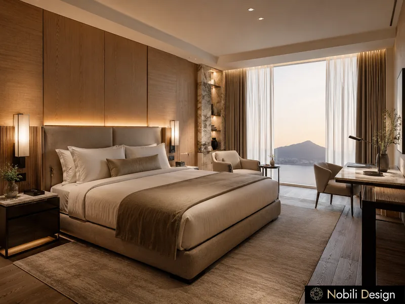 Intérieur de chambre d'hôtel avec mur à panneaux, lit rembourré, bureau et fenêtre toute hauteur