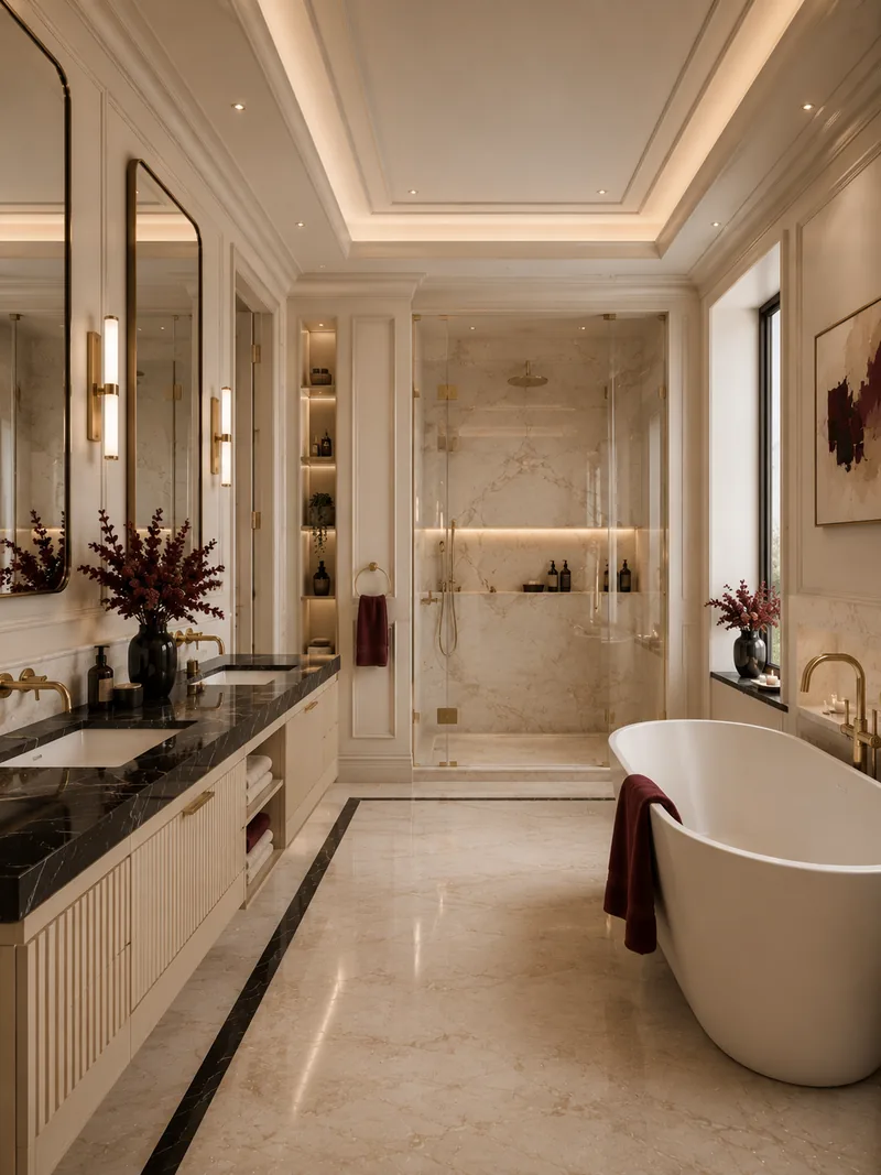 Contemporary bathroom with black marble vanity, freestanding bathtub and walk-in shower in cream marble