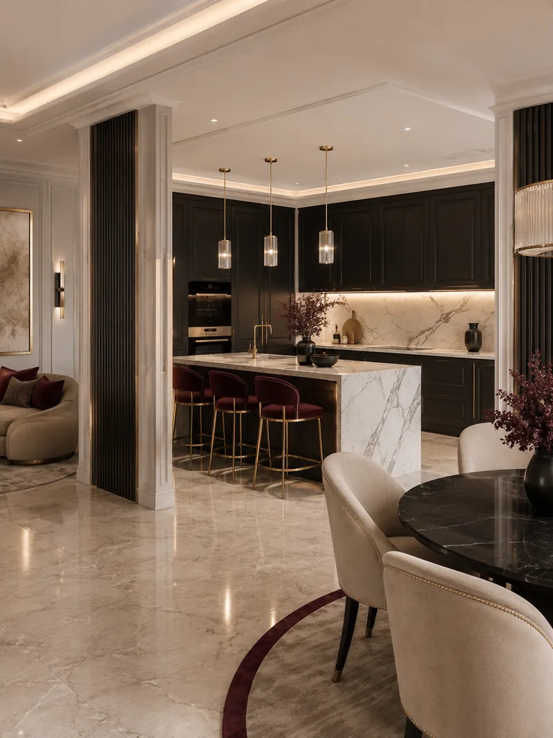 Contemporary kitchen with black cabinets, white marble island, brass bar stools and marble splashback