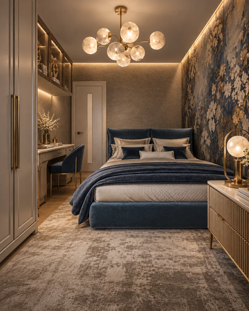 Child's bedroom with navy velvet bed, dark floral mural wall, glass globe chandelier and built-in desk nook