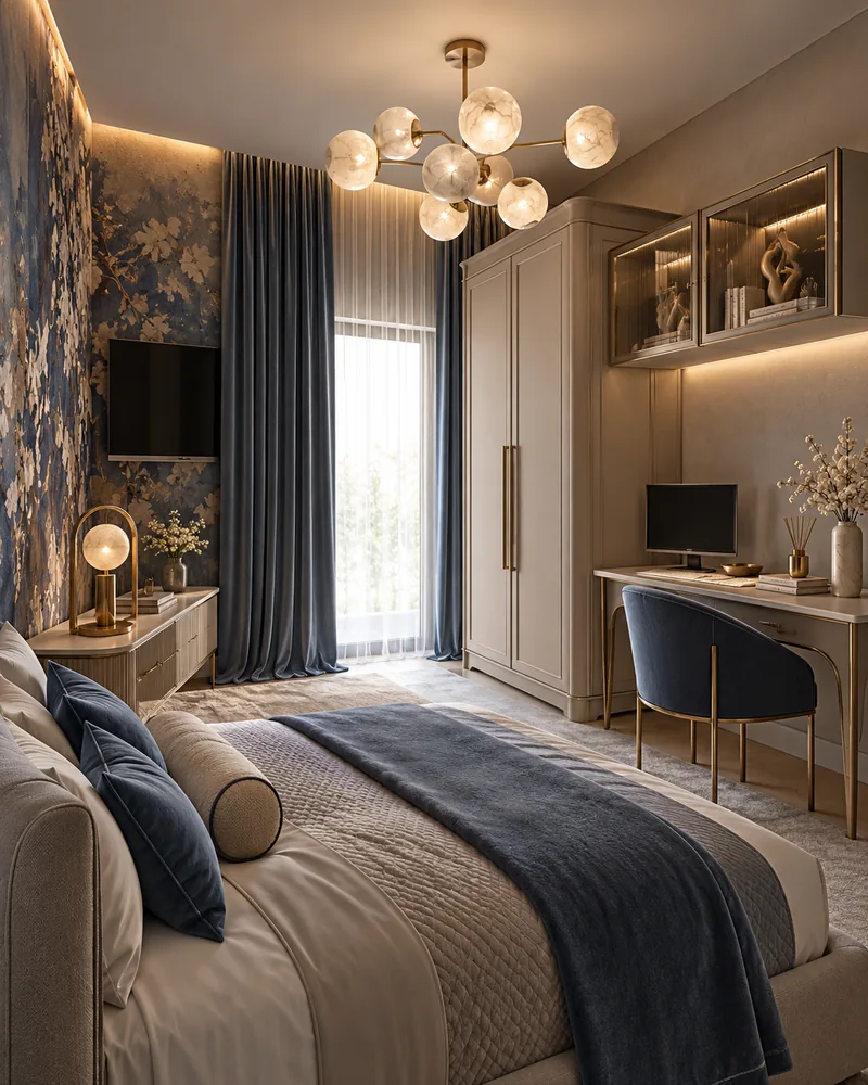 Child's bedroom desk wall with tall beige wardrobe, lit glass wall cabinets and navy velvet chair beside a floral mural