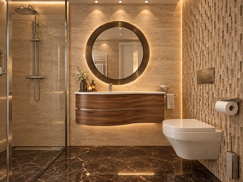 Ground-floor bathroom with curved walnut vanity, bronze backlit round mirror, mosaic WC wall and dark marble floor