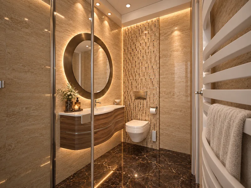 Ground-floor bathroom seen past the shower glass, with curved walnut vanity, mosaic panel and white towel radiator