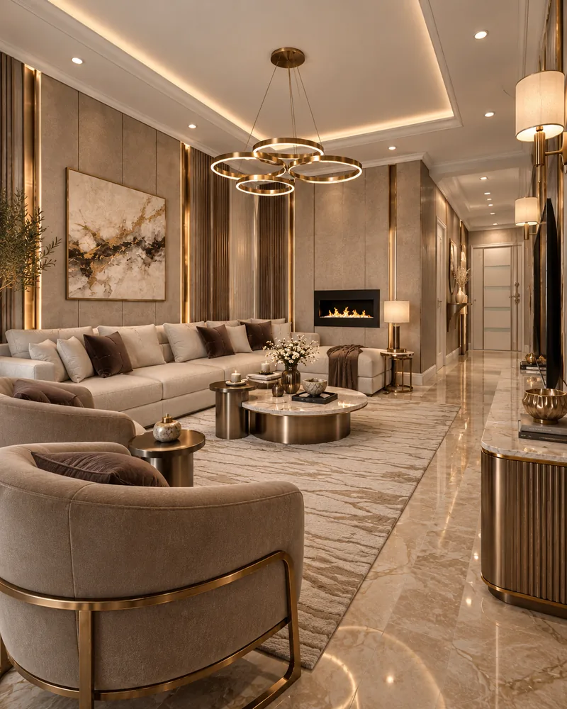 Contemporary living room with an ivory sectional, fireplace wall and bronze ring chandelier, luxury interiors
