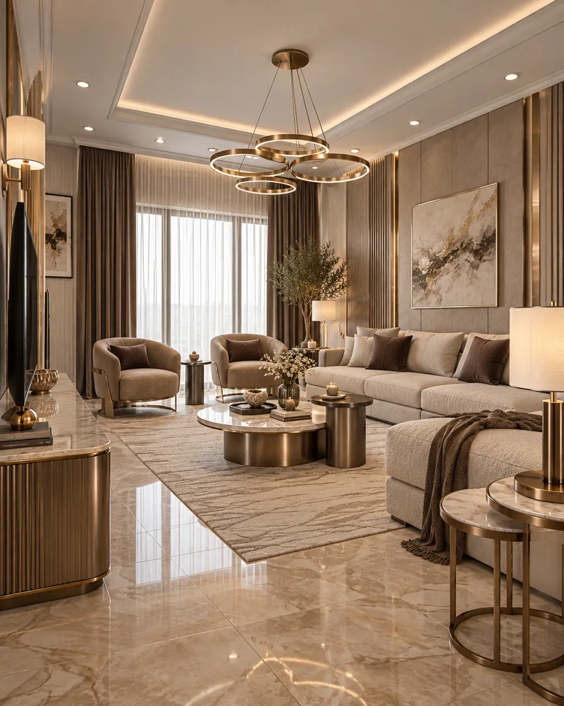 Living room with two curved armchairs by full-height windows, corner sofa, bronze ring chandelier and media console