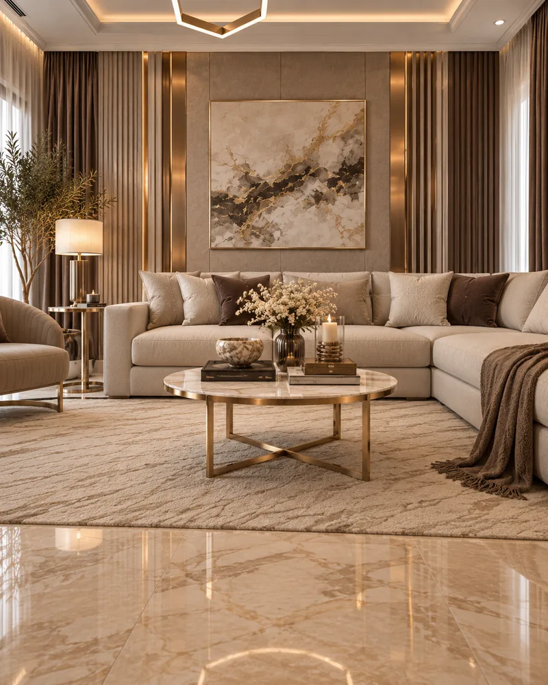 Living room sectional sofa under an abstract gold canvas, with marble coffee table on brass frame and plush rug