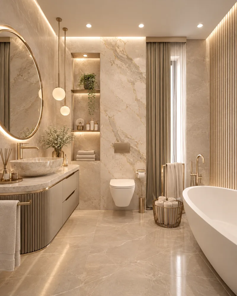 Master bathroom with curved fluted vanity, globe pendant lights, oval mirror and freestanding tub by the window