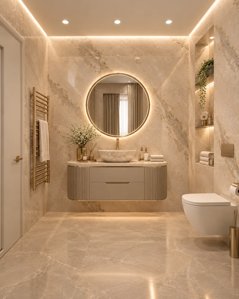 Master bathroom with round backlit mirror, stone vessel basin on curved fluted vanity and brass heated towel rail