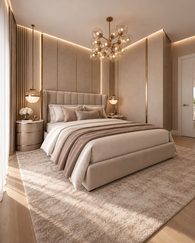 Master bedroom side view with upholstered bed, drum nightstand, globe pendant and backlit fluted wall panels
